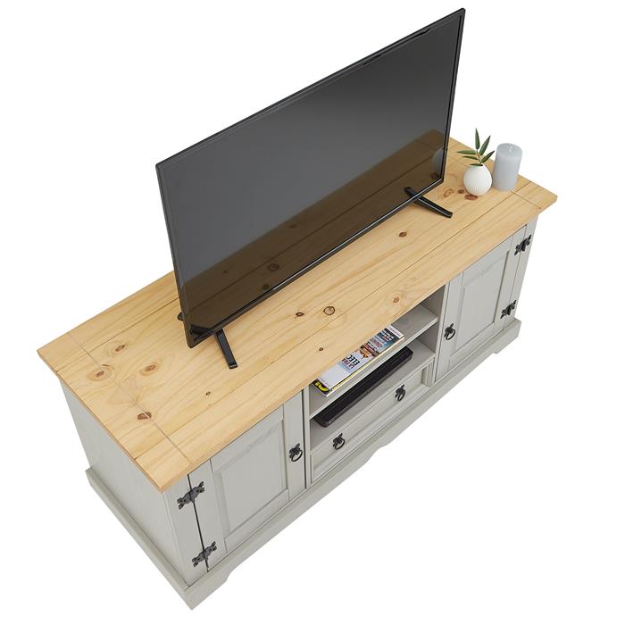 Meuble TV TEQUILA, 2 portes et 1 tiroir, en pin massif lasuré gris et brun