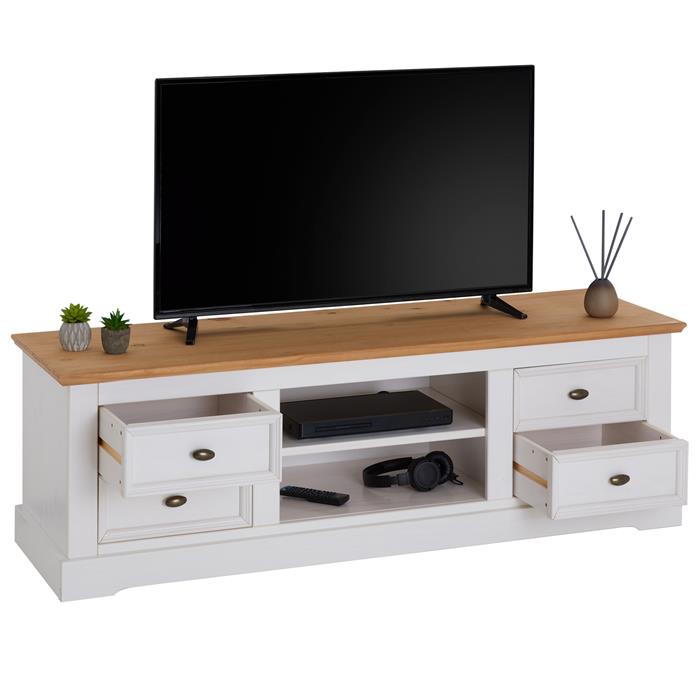 Meuble TV KENT en pin massif, lasuré blanc et brun