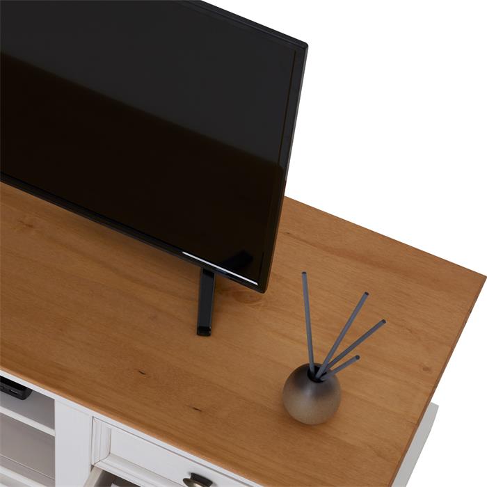 Meuble TV KENT en pin massif, lasuré blanc et brun