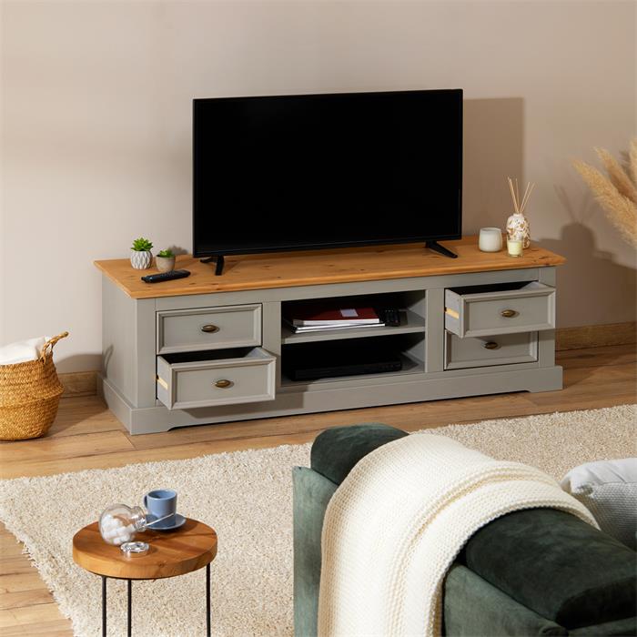 Meuble TV KENT en pin massif, lasuré gris et brun