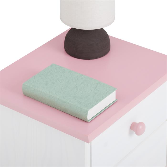 Table de chevet en pin RONDO 2 tiroirs, lasuré blanc/rose