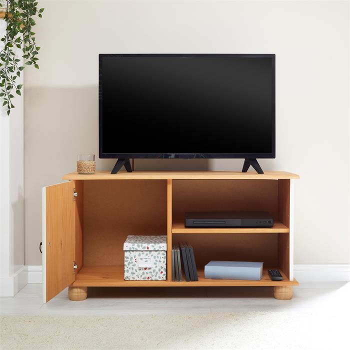 Meuble TV BELFORT, 1 porte et 2 niches, en pin massif lasuré blanc et brun