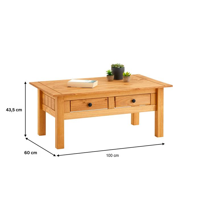 Table basse CANCUN avec 2 tiroirs, en pin massif finition teintée/cirée