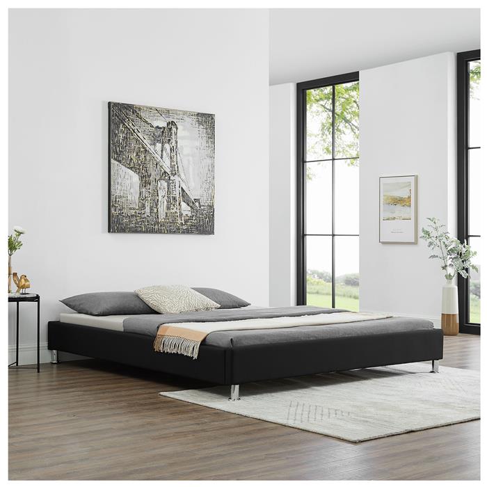 Lit futon double NIZZA, 180 x 200 cm, avec sommier, revêtement en tissu noir