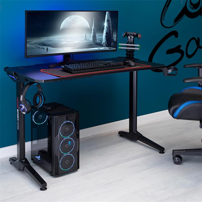 Bureau gamer COMPETITION avec éclairage LED bleu, en métal noir