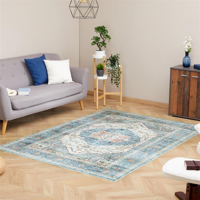 Tapis TRADITIONAL rectangulaire 160x230 cm, motifs vintage traditionnel, en polyester bleu