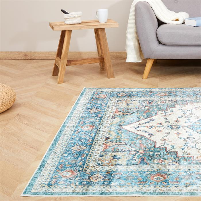 Tapis TRADITIONAL rectangulaire 160x230 cm, motifs vintage traditionnel, en polyester bleu