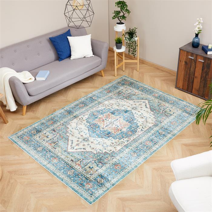 Tapis TRADITIONAL rectangulaire 160x230 cm, motifs vintage traditionnel, en polyester bleu