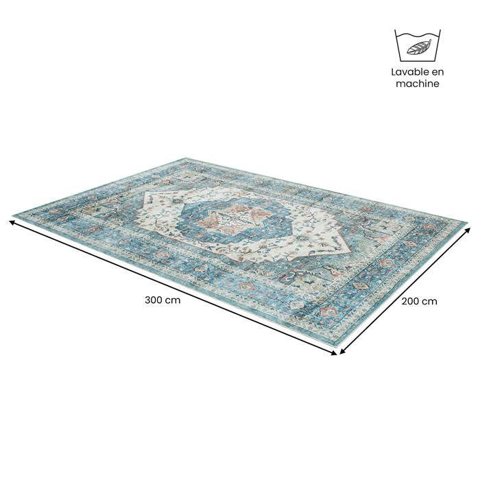 Tapis TRADITIONAL rectangulaire 200x300 cm, motifs vintage traditionnel, en polyester bleu