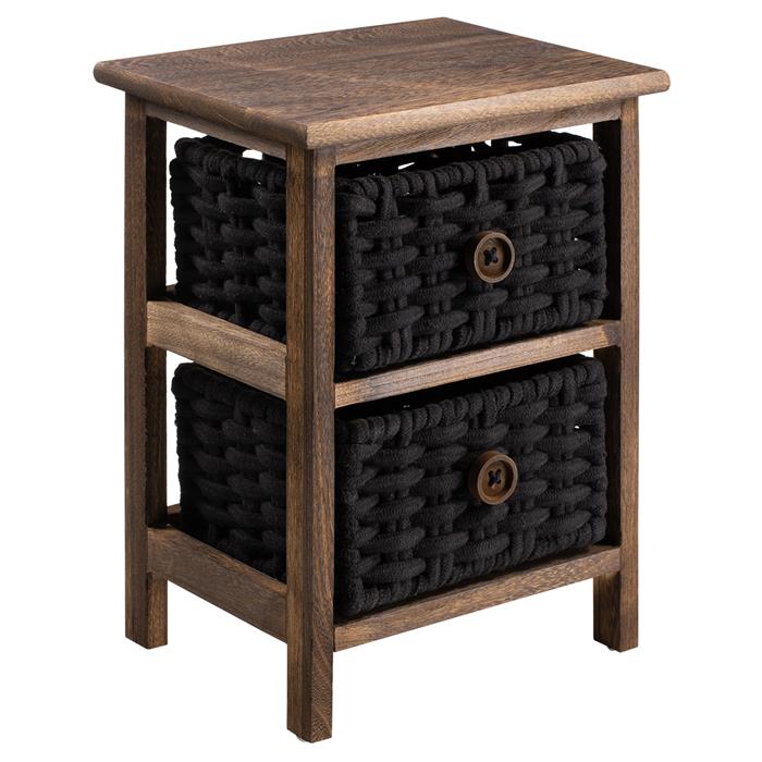 Table de chevet PLUTO en bois de paulownia brun foncé, 2 paniers en coton tressé noir