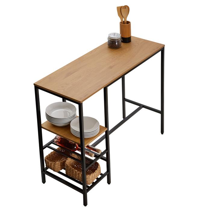 Table haute de bar NELAS en métal avec plateau en fibres de bois, couleur chêne sauvage