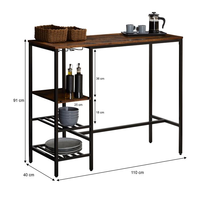 Table haute de bar NELAS en métal avec plateau en fibres de bois, couleur brun rustique