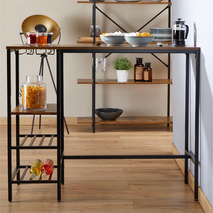 Table haute de bar NELAS en métal avec plateau en fibres de bois, couleur brun rustique